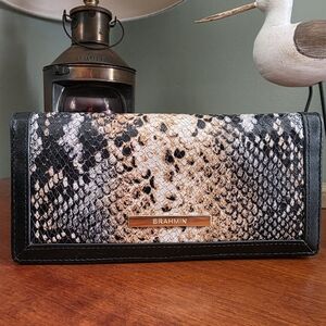 Brahmin Ady Serpentine Patchouli Wallet Blue Tan Black Leather Snake Embossed